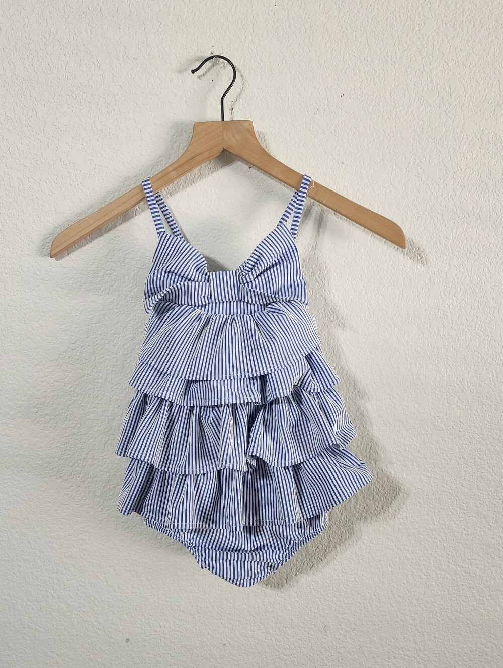 Mud Pie 5T Blue White Striped Seersucker Ruffle One Piece Swimsuit